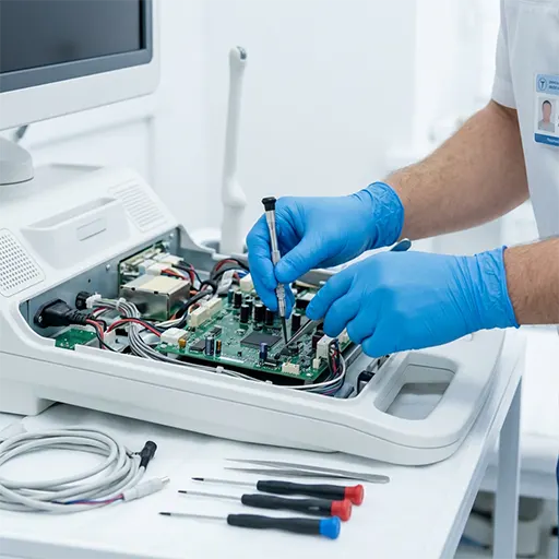 Ingeniero biomédico reparando equipo